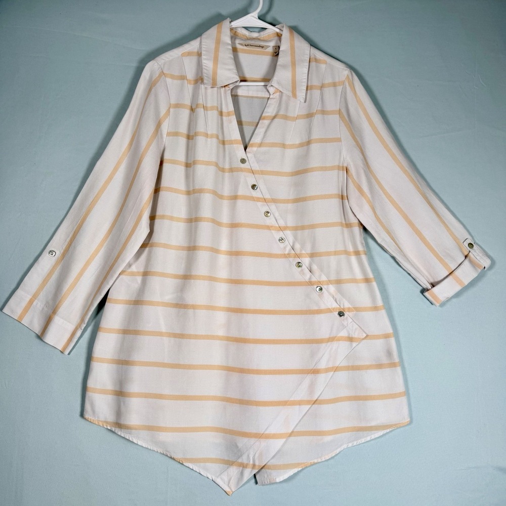 Soft Surroundings Size-L Womens Top Striped White Crossover Front Tencel